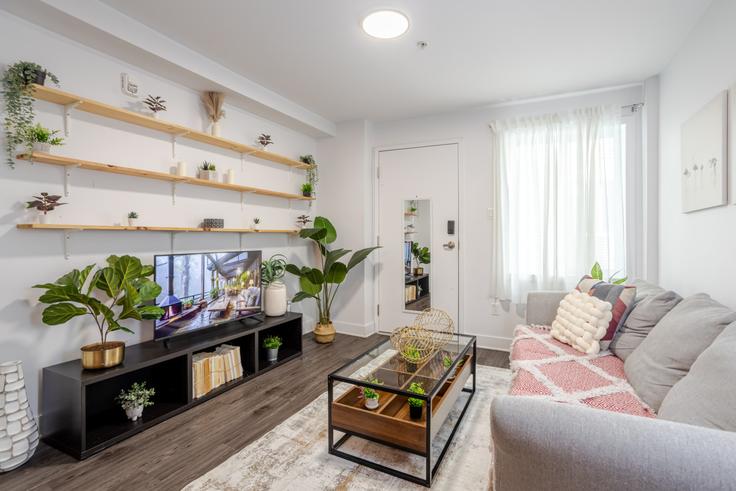 Elegante sala de estar con mobiliario moderno en un apartamento en Building Rue Barré - 9547-9267-quebec-inc - 1602041 en Southwest, Montreal Elegante sala de estar con mobiliario moderno en un apartamento en Building Rue Barré - 9547-9267-quebec-inc - 1602041 en Southwest, Montreal