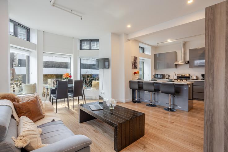 Salle de séjour élégante avec mobilier moderne dans un appartement à Building Rue Bishop - 9547-9267-quebec-inc - 1601960 à Ville-Marie, Montreal Salle de séjour élégante avec mobilier moderne dans un appartement à Building Rue Bishop - 9547-9267-quebec-inc - 1601960 à Ville-Marie, Montreal