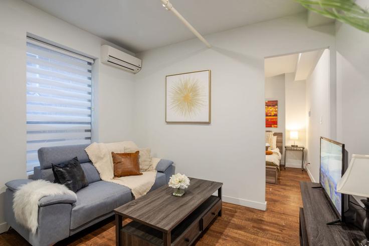 Salle de séjour élégante avec mobilier moderne dans un appartement à Building Rue Bishop - 9547-9267-quebec-inc - 1601997 à Ville-Marie, Montreal