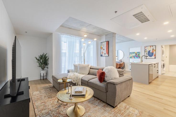 Salle de séjour élégante avec mobilier moderne dans un appartement à Building Rue Saint-François-Xavier - 9547-9267-quebec-inc - 1602253 à Ville-Marie, Montreal