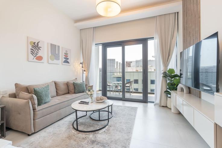 Elegant gestaltetes Wohnzimmer mit moderner Einrichtung in einer Wohnung im Building Al Asayel Street - airdxb - 1262759 - DXB in Business Bay, Dubai