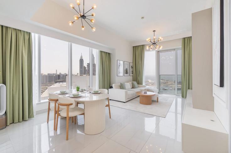 Elegantly designed living room with modern furnishings in an apartment at Building Al Bourooj Street - airdxb - 1282658 - DXB in Dubai Marina, Dubai