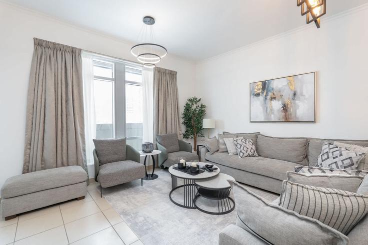 Elegantly designed living room with modern furnishings in an apartment at Building Tariaq Bedon Esm - airdxb - 1292971 - DXB in Downtown Dubai, Dubai Elegantly designed living room with modern furnishings in an apartment at Building Tariaq Bedon Esm - airdxb - 1292971 - DXB in Downtown Dubai, Dubai