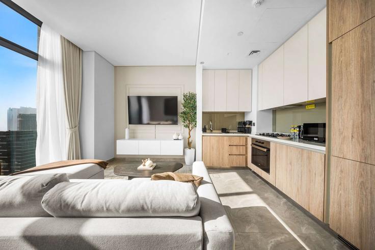 Salle de séjour élégante avec mobilier moderne dans un appartement à Building Al Khaleej Al Tejari 1 Street - airdxb - 1363912 à Business Bay, Dubai