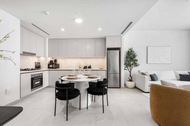 Elegantly designed living room with modern furnishings in an apartment at Building Tariaq Bedon Esm - airdxb - 1461787 in Marsa Dubai, Dubai