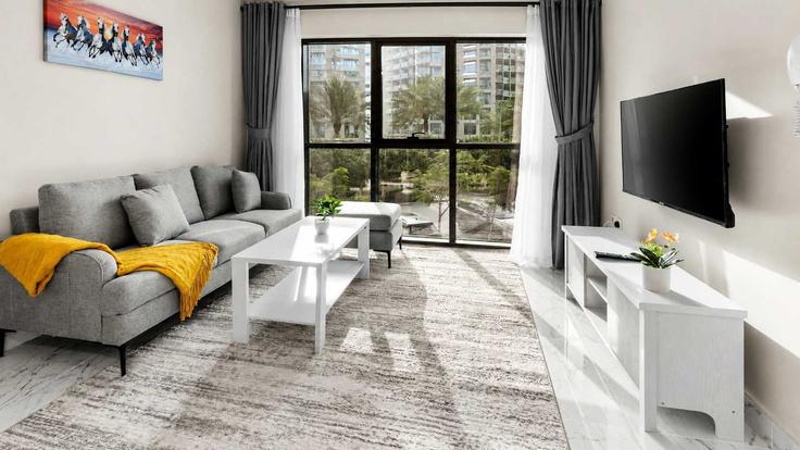 Elegant gestaltetes Wohnzimmer mit moderner Einrichtung in einer Wohnung im Building Tariaq Bedon Esm - airdxb - 1523457 in Dubai South Residential District, Dubai