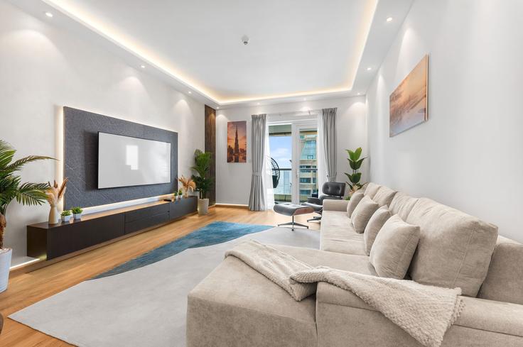 Sala de estar elegantemente projetada com móveis modernos em um apartamento no Building Al Sharta Street - airdxb - 1608668 em Dubai Marina, Dubai Sala de estar elegantemente projetada com móveis modernos em um apartamento no Building Al Sharta Street - airdxb - 1608668 em Dubai Marina, Dubai
