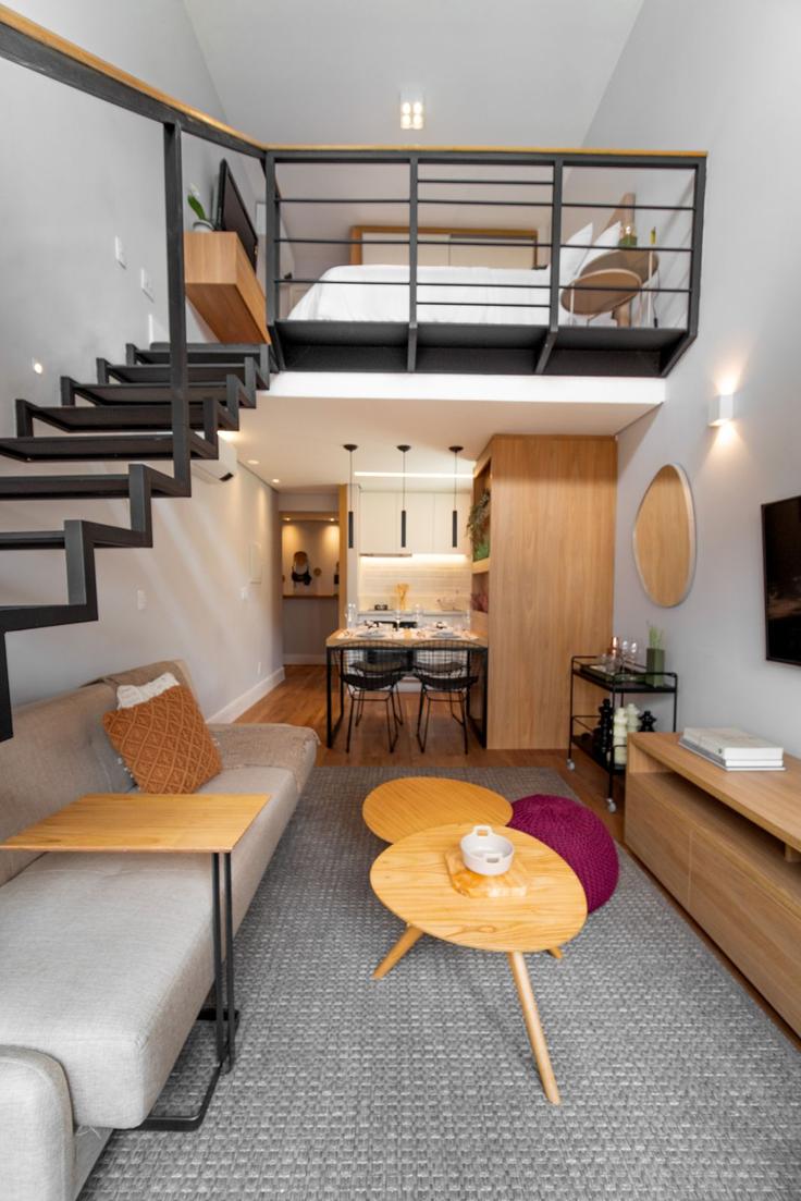 Elegant gestaltetes Wohnzimmer mit moderner Einrichtung in einer Wohnung im Building Rua Pintassilgo - akile-homes - 1459350 in Moema, São Paulo