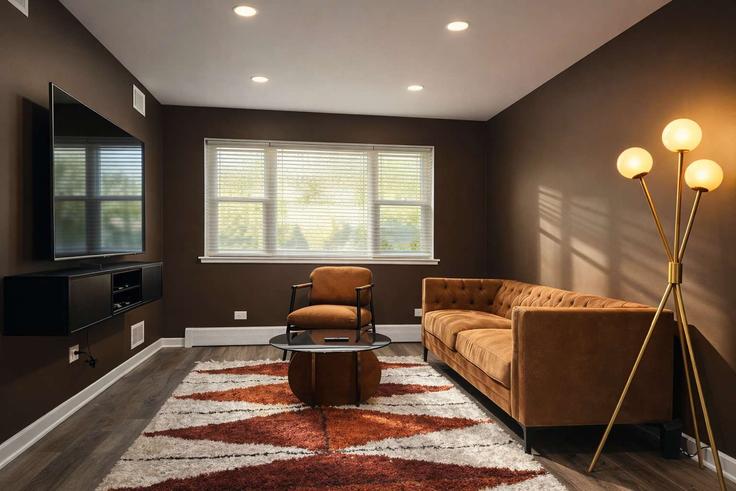 Salle de séjour élégante avec mobilier moderne dans un appartement à Building North Cambridge Avenue - alpine - 1042057 à Chicago, Chicago Salle de séjour élégante avec mobilier moderne dans un appartement à Building North Cambridge Avenue - alpine - 1042057 à Chicago, Chicago