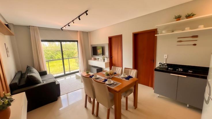 Salle de séjour élégante avec mobilier moderne dans un appartement à Building WQJ5+96 - anfitriao-prime - 1365542 à Japaratinga, Japaratinga