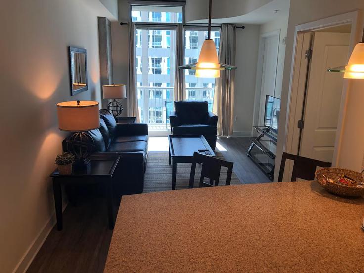 Sala de estar elegantemente projetada com móveis modernos em um apartamento no Building South Church Street - aplusaccommodations - 1344189 em Charlotte, Charlotte Sala de estar elegantemente projetada com móveis modernos em um apartamento no Building South Church Street - aplusaccommodations - 1344189 em Charlotte, Charlotte