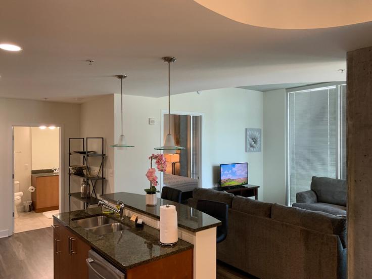 Sala de estar elegantemente projetada com móveis modernos em um apartamento no Building South Church Street - aplusaccommodations - 1344177 em Charlotte, Charlotte