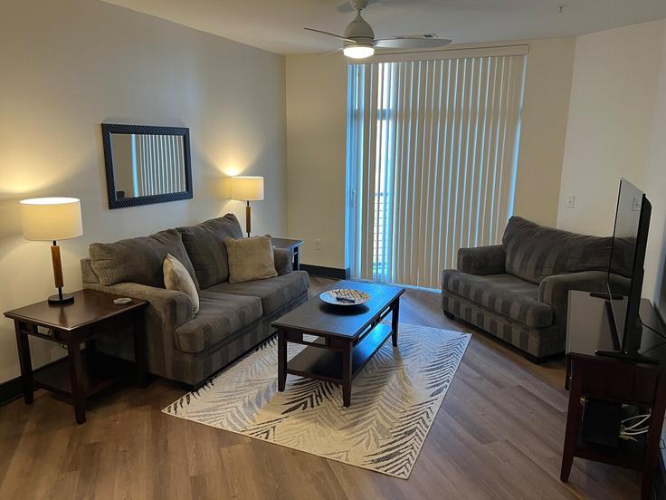 Sala de estar elegantemente projetada com móveis modernos em um apartamento no Building West 5th Street - aplusaccommodations - 1344143 em Charlotte, Charlotte