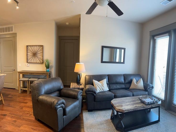 Building Carnegie Boulevard - aplusaccommodations - 1344165 adresindeki bir dairede modern mobilyalarla zarif bir şekilde tasarlanmış oturma odası Charlotte, Charlotte