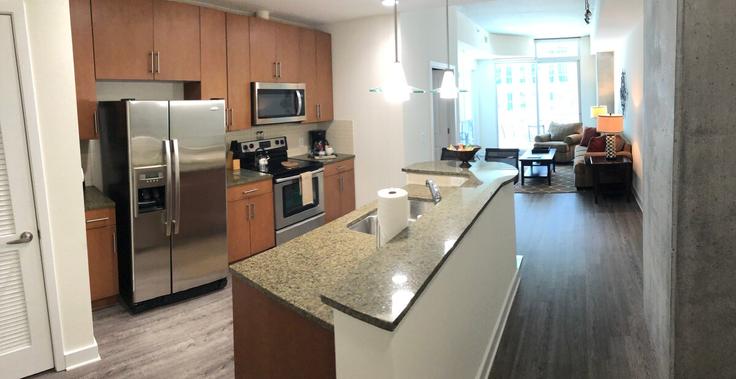 Sala de estar elegantemente projetada com móveis modernos em um apartamento no Building West Martin Luther King JR Boulevard - aplusaccommodations - 1344187 em Charlotte, Charlotte