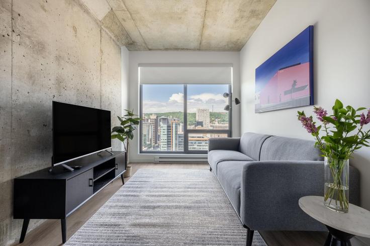 Salle de séjour élégante avec mobilier moderne dans un appartement à Building Boulevard René-Lévesque Ouest - appartements-dorchester-by-rakotta - 1283239 - TOR à Ville-Marie, Montreal
