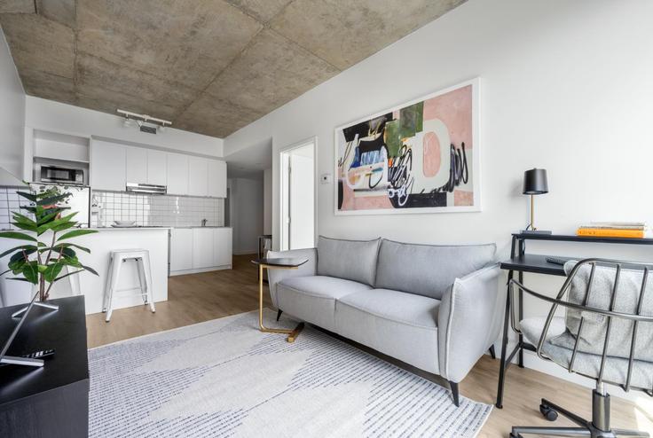 Salle de séjour élégante avec mobilier moderne dans un appartement à Building Boulevard René-Lévesque Ouest - appartements-dorchester-by-rakotta - 1281105 - TOR à Ville-Marie, Montreal