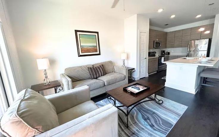 Salle de séjour élégante avec mobilier moderne dans un appartement à Building Ralph McGill Boulevard Northeast - ar-national-short-term-housing - 1344756 à Atlanta, Atlanta