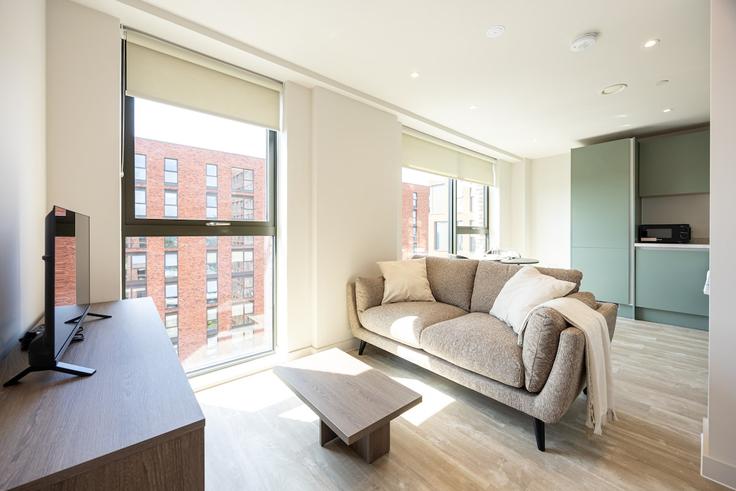 Building Talbot Road - argyl-group - 1607329 adresindeki bir dairede modern mobilyalarla zarif bir şekilde tasarlanmış oturma odası Trafford, Manchester