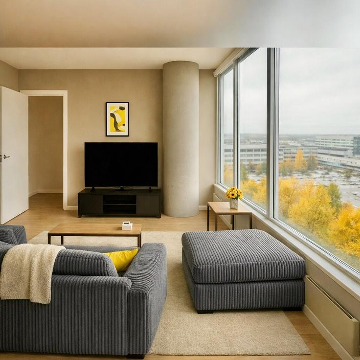 Elegante sala de estar con mobiliario moderno en un apartamento en Building Northeast 11th Street - atmosphere-me-me - 1369959 en Bellevue, Bellevue