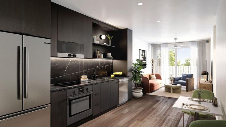 Elegant gestaltetes Wohnzimmer mit moderner Einrichtung in einer Wohnung im Building Menchaca Road - avantstay - 1396972 in Austin, Austin