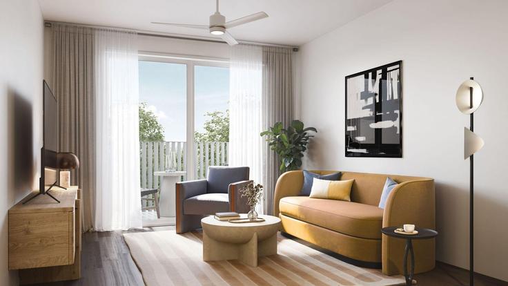 Elegant gestaltetes Wohnzimmer mit moderner Einrichtung in einer Wohnung im Building Menchaca Road - avantstay - 1397003 in Austin, Austin