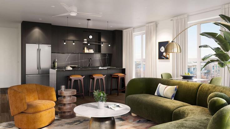 Elegante sala de estar con mobiliario moderno en un apartamento en Building South Lamar Boulevard - avantstay - 1396916 en Austin, Austin