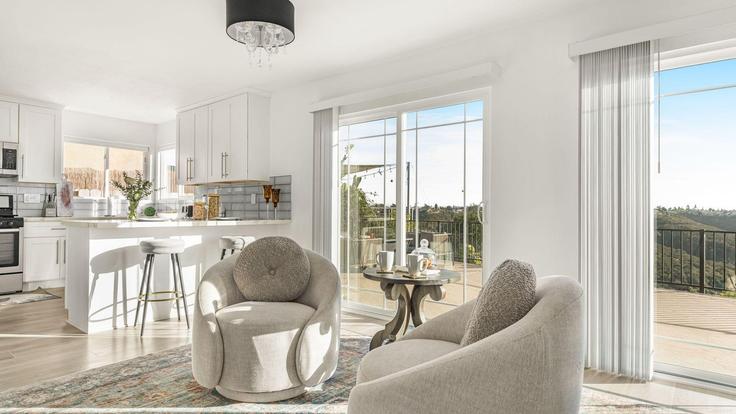 Sala de estar elegantemente projetada com móveis modernos em um apartamento no Building Camino Propico - avantstay - 1404655 em San Diego, San Diego