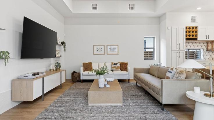 Elegante sala de estar con mobiliario moderno en un apartamento en Building West Live Oak Street - avantstay - 1505480 en Austin, Austin Elegante sala de estar con mobiliario moderno en un apartamento en Building West Live Oak Street - avantstay - 1505480 en Austin, Austin