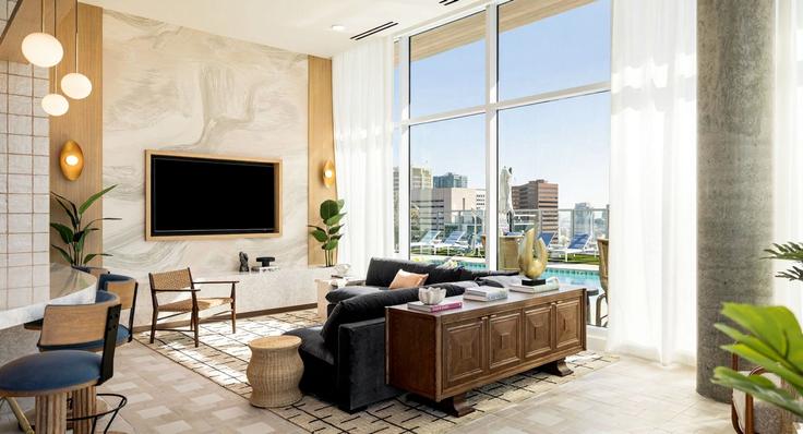 Elegante sala de estar con mobiliario moderno en un apartamento en Building Beech Street - avantstay - 1495758 en San Diego, San Diego