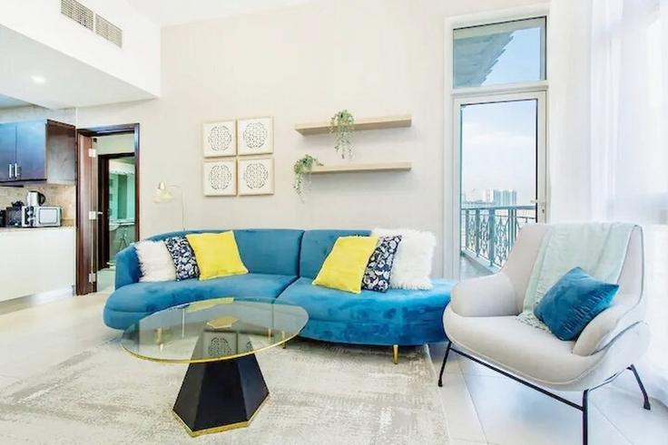 Elegantly designed living room with modern furnishings in an apartment at Building Tariaq Bedon Esm - b-n-b-holiday-homes-rental-llc - 1253305 in Arjan-Dubailand, Dubai