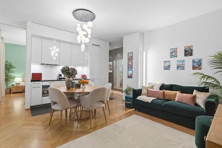Elegantly designed living room with modern furnishings in an apartment at Building Weinbergstrasse - beliving-apartments - 1514119 in District 6, Zurich
