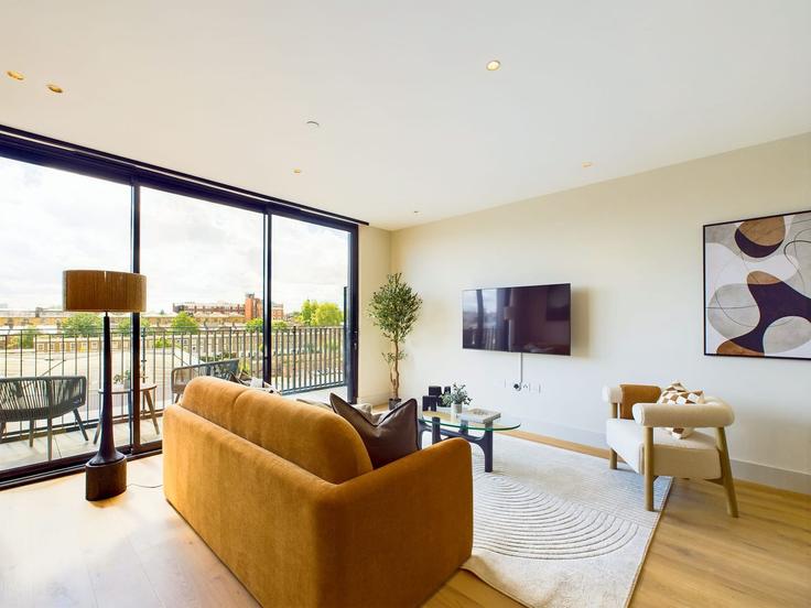 Sala de estar elegantemente projetada com móveis modernos em um apartamento no Building Saint Pancras Way - belondon - 1404257 em London Borough of Camden, London Sala de estar elegantemente projetada com móveis modernos em um apartamento no Building Saint Pancras Way - belondon - 1404257 em London Borough of Camden, London