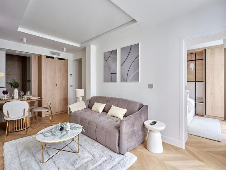 Paris 2nd arrondissementのBuilding Rue Léopold Bellan - belvilla-ag-dancenter-as - 1410790のアパートメントにある、モダンな家具を備えたエレガントなデザインのリビングルーム