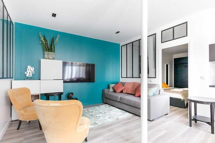 Elegantly designed living room with modern furnishings in an apartment at Building Rue Popincourt - belvilla-ag-dancenter-as - 1446094 in 11th arrondissement, Paris Elegantly designed living room with modern furnishings in an apartment at Building Rue Popincourt - belvilla-ag-dancenter-as - 1446094 in 11th arrondissement, Paris