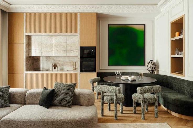 Elegante sala de estar con mobiliario moderno en un apartamento en Building Rue Marbeuf - belvilla-ag-dancenter-as - 1446110 en 8th arrondissement, Paris