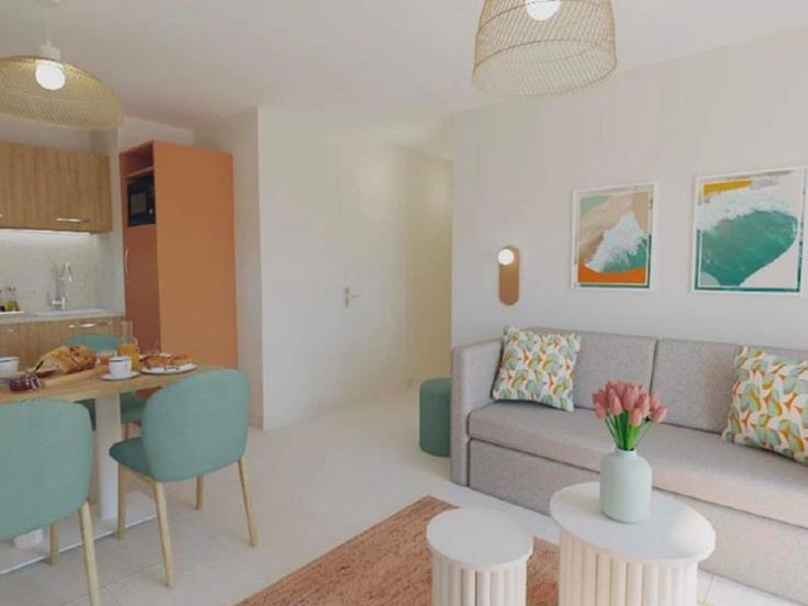Elegante sala de estar con mobiliario moderno en un apartamento en Building Route de Giens - belvilla-ag-dancenter-as - 1393669 en Hyères, Hyères