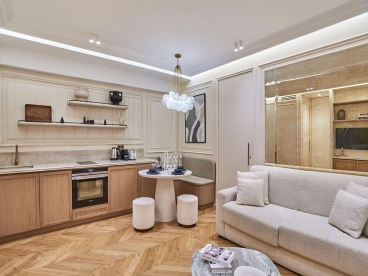 Salle de séjour élégante avec mobilier moderne dans un appartement à Building Rue de la Michodière - belvilla-ag-dancenter-as - 1414155 à 2nd arrondissement, Paris