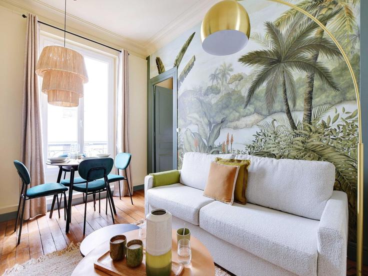 Elegantly designed living room with modern furnishings in an apartment at Building Rue Meslay - belvilla-ag-dancenter-as - 1430242 in 3rd arrondissement, Paris