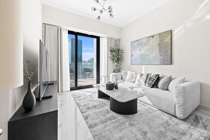 Elegant gestaltetes Wohnzimmer mit moderner Einrichtung in einer Wohnung im Building Tariaq Bedon Esm - bloomfields-holiday-home - 1475136 in Al Maryah Island, Abu Dhabi Elegant gestaltetes Wohnzimmer mit moderner Einrichtung in einer Wohnung im Building Tariaq Bedon Esm - bloomfields-holiday-home - 1475136 in Al Maryah Island, Abu Dhabi