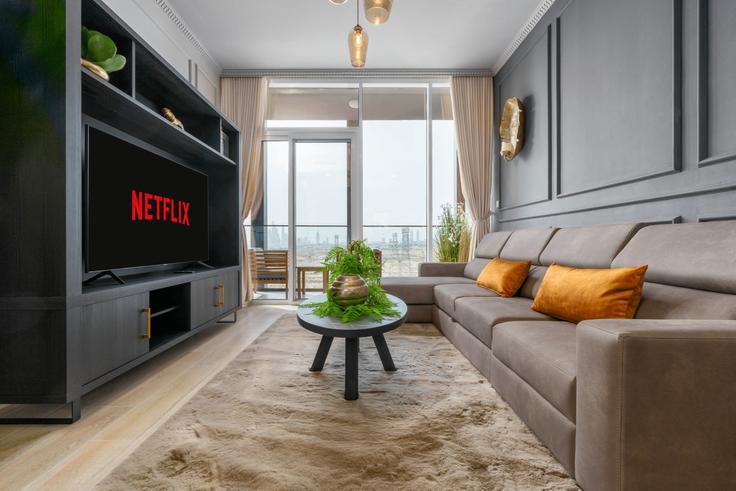 Elegante sala de estar con mobiliario moderno en un apartamento en Building Tariaq Bedon Esm - blvd-holiday-homes-rental-llc - 1515632 en Al Barsha South Fourth, Dubai