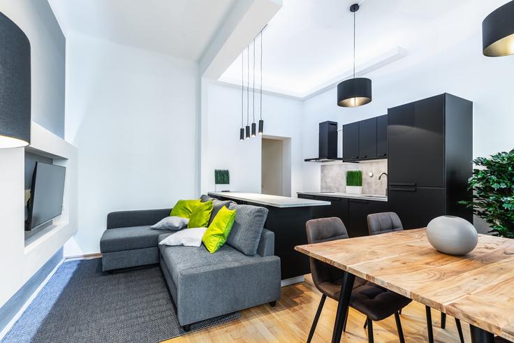 Elegante sala de estar con mobiliario moderno en un apartamento en Building Oppelgasse - bosu-gmbh - 1500245 en Vienna, Vienna Elegante sala de estar con mobiliario moderno en un apartamento en Building Oppelgasse - bosu-gmbh - 1500245 en Vienna, Vienna