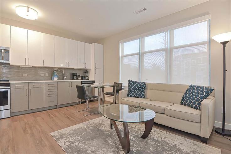 Elegant gestaltetes Wohnzimmer mit moderner Einrichtung in einer Wohnung im Building East Pier Drive - churchillliving - 1039902 in Boston, Boston
