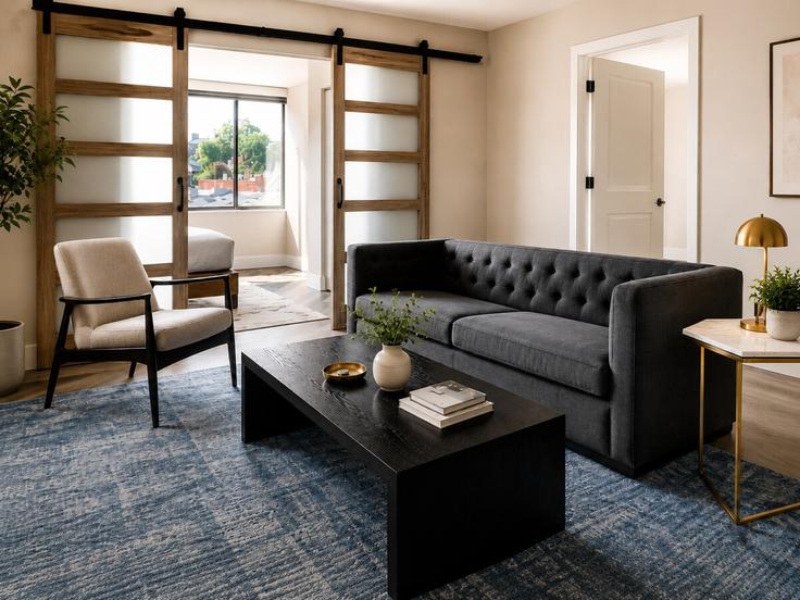 Salle de séjour élégante avec mobilier moderne dans un appartement à Building 30th Street Northwest - churchillliving - 1562741 à Washington, Washington