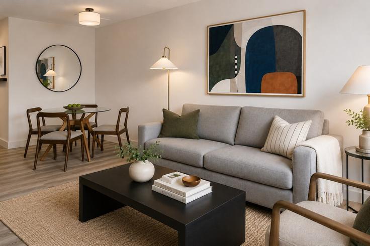 Sala de estar elegantemente projetada com móveis modernos em um apartamento no Building 30th Street Northwest - churchillliving - 1562704 em Washington, Washington