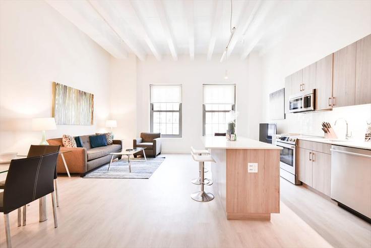 Sala de estar elegantemente projetada com móveis modernos em um apartamento no Building Harrison Avenue - churchillliving - 1040142 - BOS em Boston, Boston