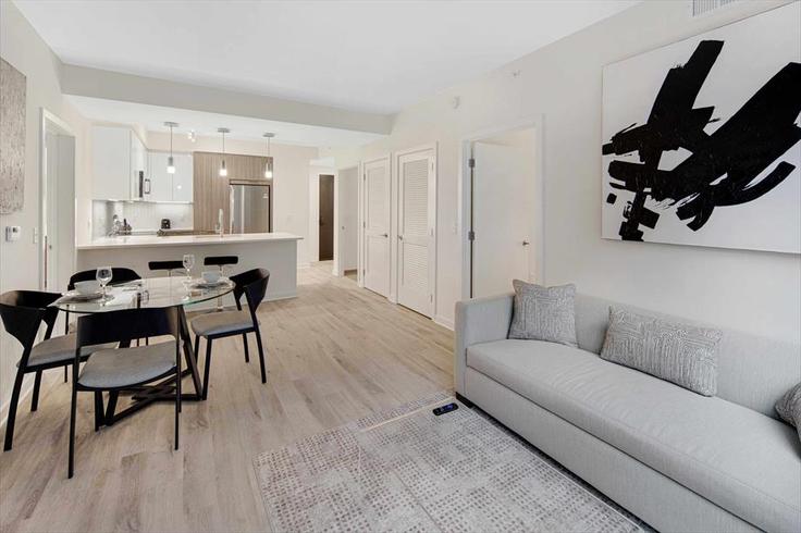 Elegante sala de estar con mobiliario moderno en un apartamento en Building First Street Northeast - churchillliving - 1040217 en Washington, Washington