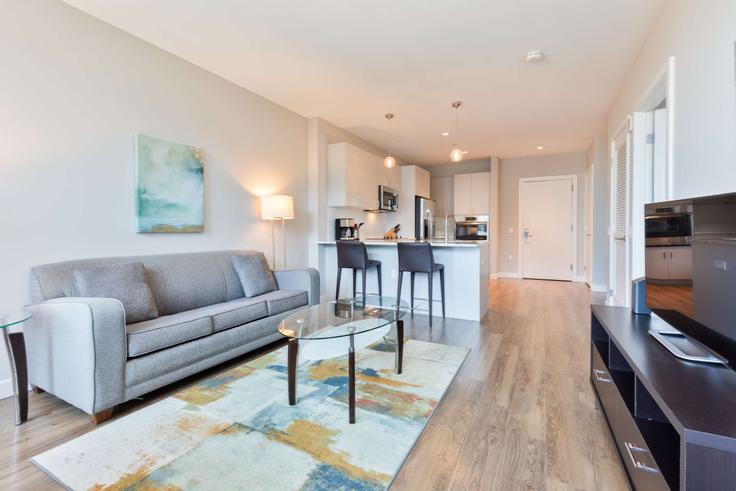 Elegante sala de estar con mobiliario moderno en un apartamento en Building Fan Pier Boulevard - compassfurnishedapartments - 1094301 - BOS en Boston, Boston Elegante sala de estar con mobiliario moderno en un apartamento en Building Fan Pier Boulevard - compassfurnishedapartments - 1094301 - BOS en Boston, Boston