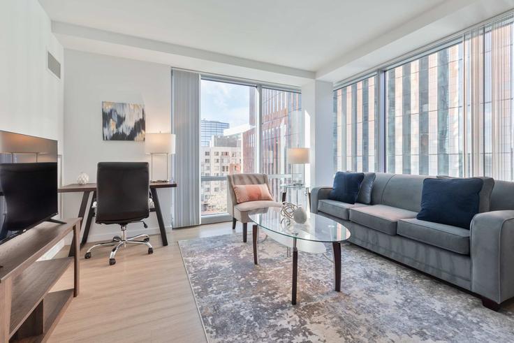 Elegant gestaltetes Wohnzimmer mit moderner Einrichtung in einer Wohnung im Building Kendall Street - compassfurnishedapartments - 1388514 in Cambridge, Cambridge