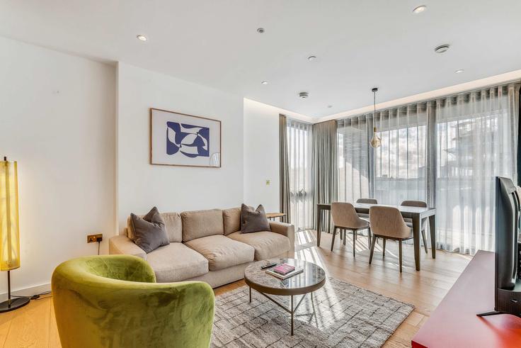 Elegantly designed living room with modern furnishings in an apartment at Building Camley Street - cozygroup - 1437601 in London Borough of Camden, London Elegantly designed living room with modern furnishings in an apartment at Building Camley Street - cozygroup - 1437601 in London Borough of Camden, London